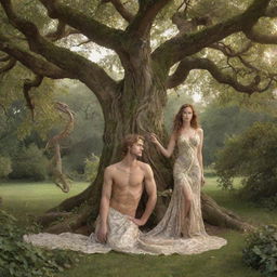 Adam and Eve in an idyllic garden under a majestic tree with a serpent wrapped around its branch. Both individuals are clothed in light, ethereal fabric, and shown at the moment of their creation, filled with curiosity and wonder.