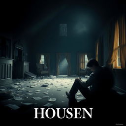 A movie poster representing a large, dark, and messy house at night