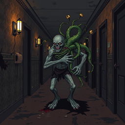 Pixel art of an infected zombie entwined with a menacing plant in a dark and dirty hotel hallway