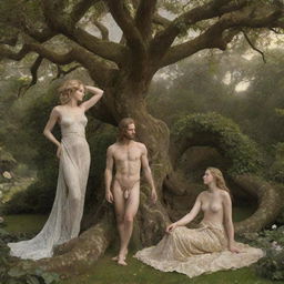 Adam and Eve in an idyllic garden under a majestic tree with a serpent wrapped around its branch. Both individuals are clothed in light, ethereal fabric, and shown at the moment of their creation, filled with curiosity and wonder.