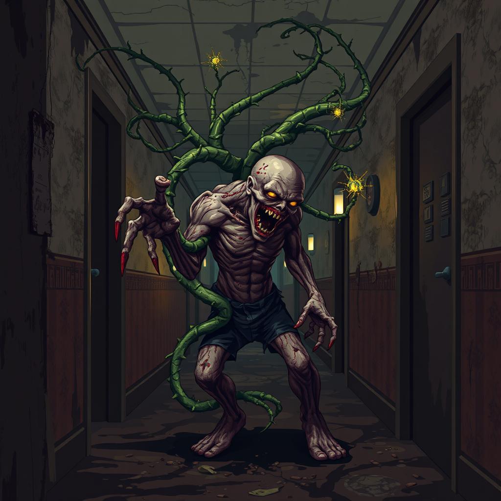 Pixel art of an infected zombie entwined with a menacing plant in a dark and dirty hotel hallway