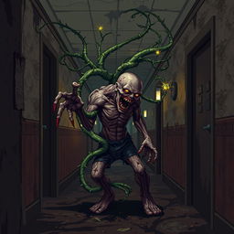 Pixel art of an infected zombie entwined with a menacing plant in a dark and dirty hotel hallway