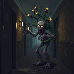 Pixel art of an infected zombie entwined with a menacing plant in a dark and dirty hotel hallway