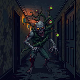 Pixel art of an infected zombie entwined with a menacing plant in a dark and dirty hotel hallway