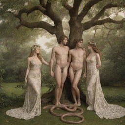 Adam and Eve in an idyllic garden under a majestic tree with a serpent wrapped around its branch. Both individuals are clothed in light, ethereal fabric, and shown at the moment of their creation, filled with curiosity and wonder.