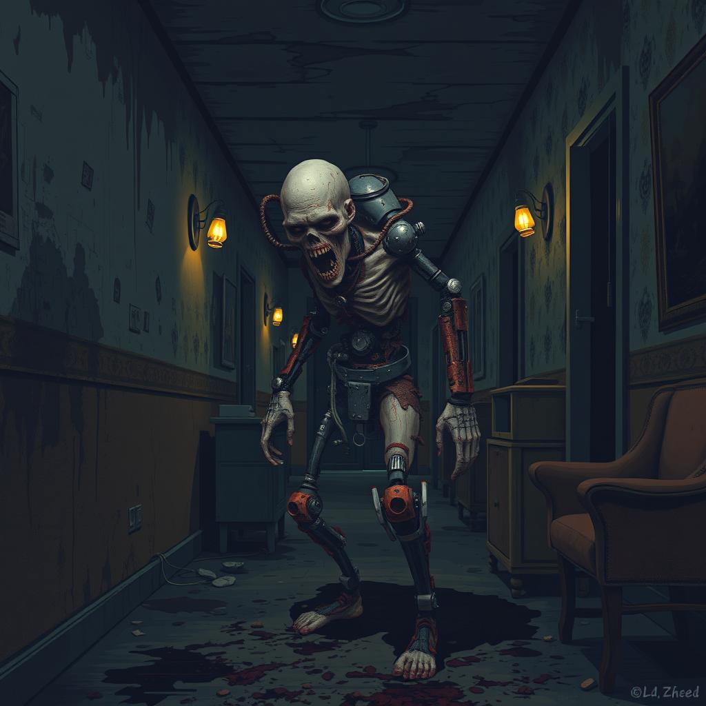 Pixel art of a zombie infected with mechanical parts in a dark and dirty hotel hallway