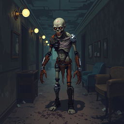 Pixel art of a zombie infected with mechanical parts in a dark and dirty hotel hallway