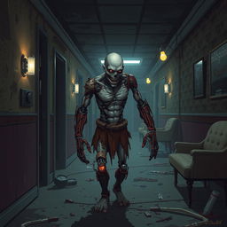 Pixel art of a zombie infected with mechanical parts in a dark and dirty hotel hallway