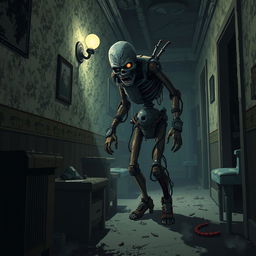 Pixel art of a zombie infected with mechanical parts in a dark and dirty hotel hallway