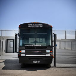 A robust penitentiary transport bus, designed with high-security measures, featuring barred windows and reinforced doors, against a backdrop of the prison facility.