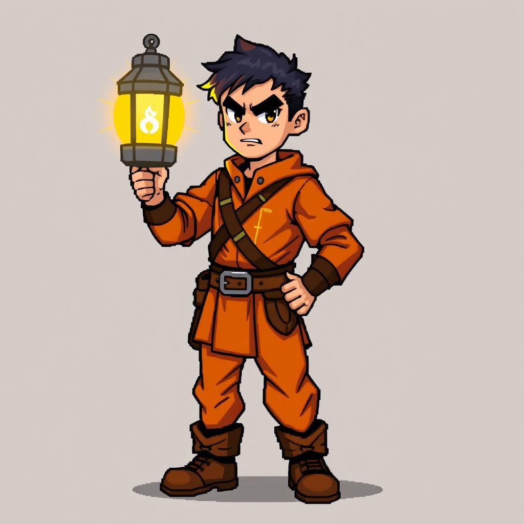 Pixel art sprite in RPG style of a man wearing orange clothing and holding a lantern