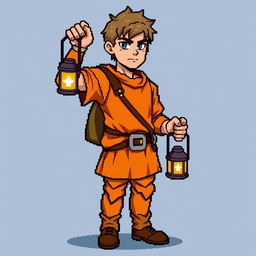 Pixel art sprite in RPG style of a man wearing orange clothing and holding a lantern