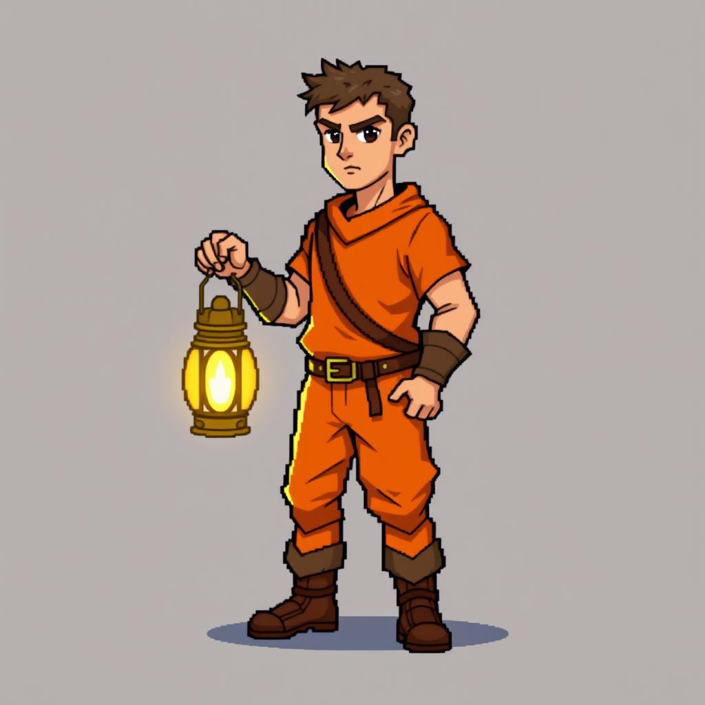 Pixel art sprite in RPG style of a man wearing orange clothing and holding a lantern