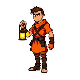 Pixel art sprite in RPG style of a man wearing orange clothing and holding a lantern