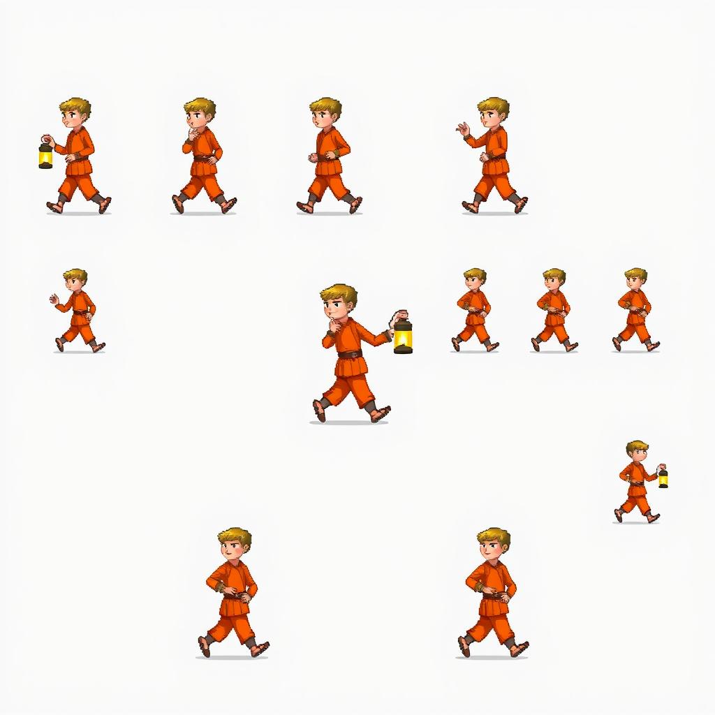 Pixel art sprite sheet of a 2D character in walking motion, showcasing a man wearing orange clothing and carrying a lantern