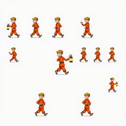 Pixel art sprite sheet of a 2D character in walking motion, showcasing a man wearing orange clothing and carrying a lantern