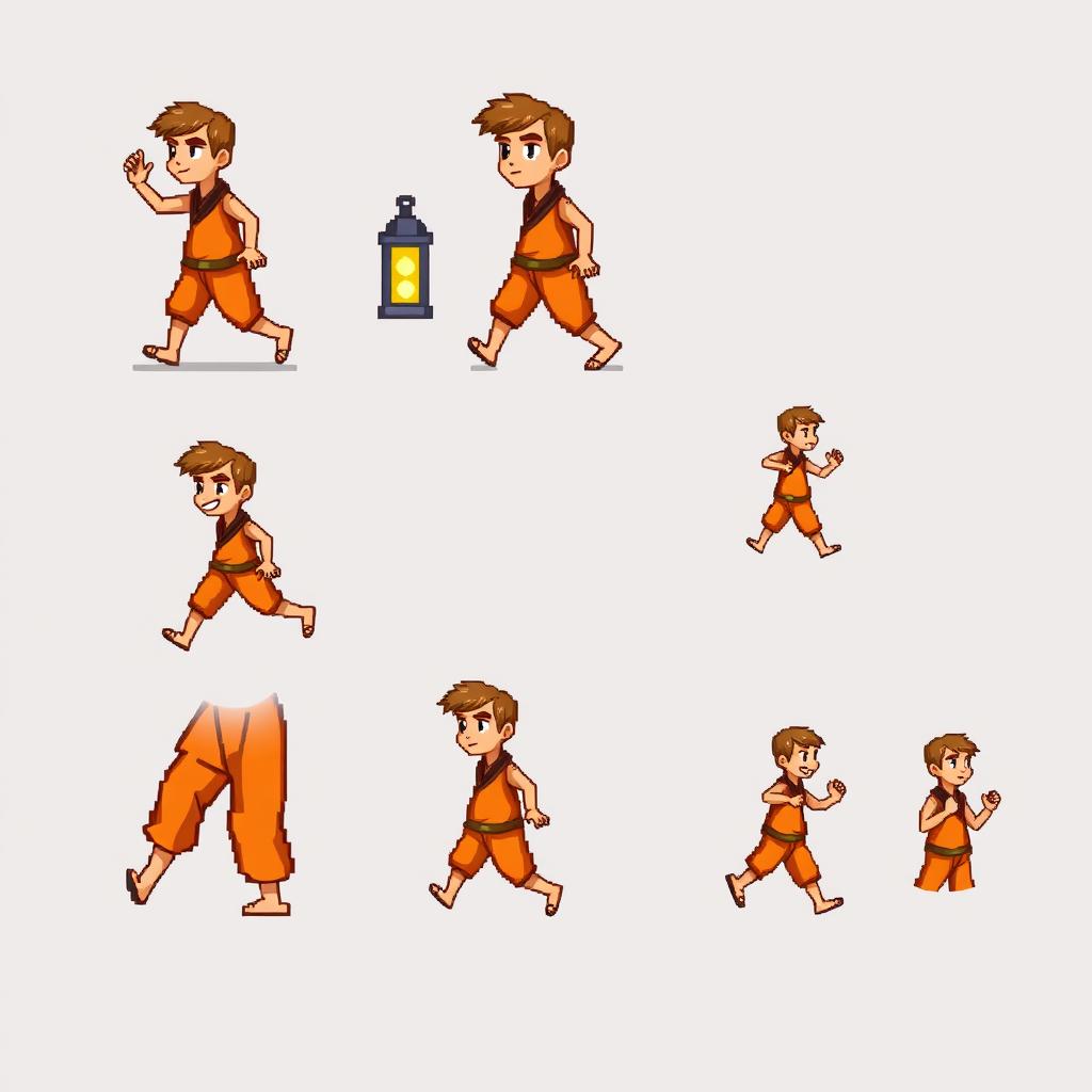 Pixel art sprite sheet of a 2D character in walking motion, showcasing a man wearing orange clothing and carrying a lantern