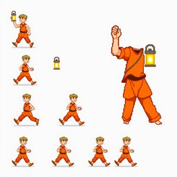 Pixel art sprite sheet of a 2D character in walking motion, showcasing a man wearing orange clothing and carrying a lantern