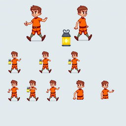 Pixel art sprite sheet of a 2D character in walking motion, showcasing a man wearing orange clothing and carrying a lantern