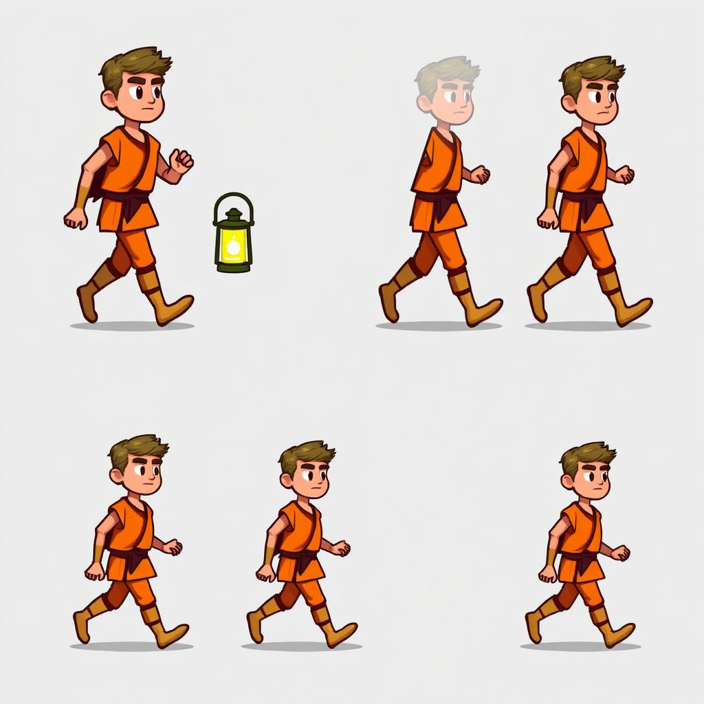 Pixel art sprite sheet of a 2D character in walking motion, showing a man in orange clothing carrying a lantern as he moves up and down