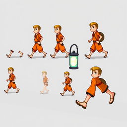 Pixel art sprite sheet of a 2D character in walking motion, showing a man in orange clothing carrying a lantern as he moves up and down