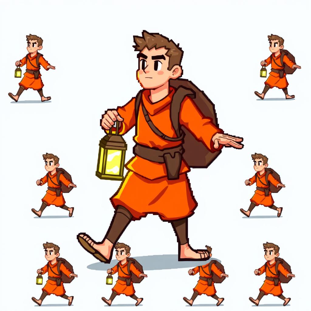 Pixel art sprite sheet of a 2D character in walking motion, showing a man in orange clothing carrying a lantern as he moves up and down