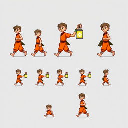 Pixel art sprite sheet of a 2D character in walking motion, showing a man in orange clothing carrying a lantern as he moves up and down