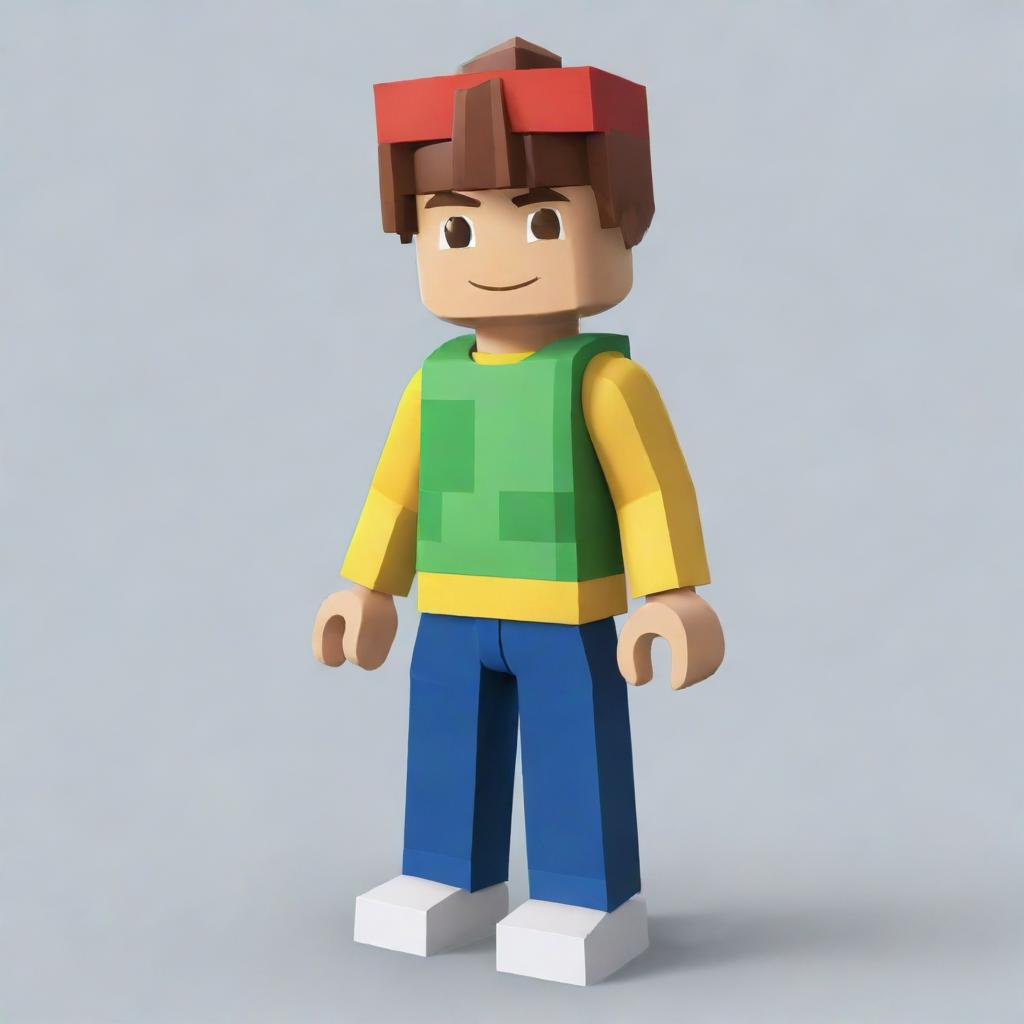 An image of a boy designed in the distinctive style of Roblox characters, with blocky, simplified features and bright, cheerful colors.,