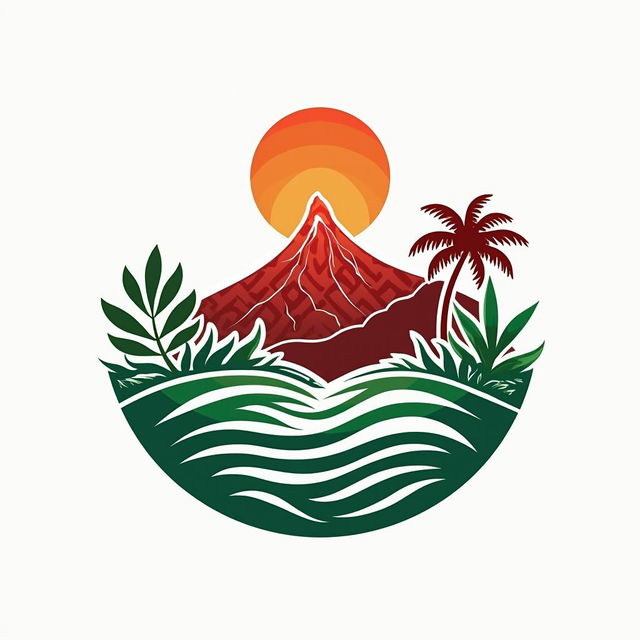 A modern company logo representing Indonesia, featuring elements such as a stylized silhouette of the iconic Bali island landscape, a majestic volcano, vibrant tropical foliage, and the traditional Batik pattern subtly integrated into the design