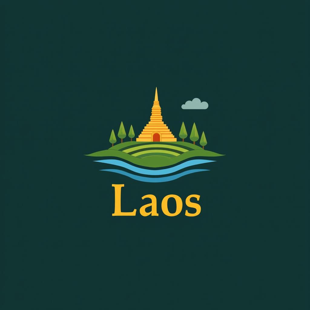 A modern and sleek company logo representing Laos, incorporating elements of traditional Lao culture like the That Luang stupa, lush green landscapes, and rice paddies