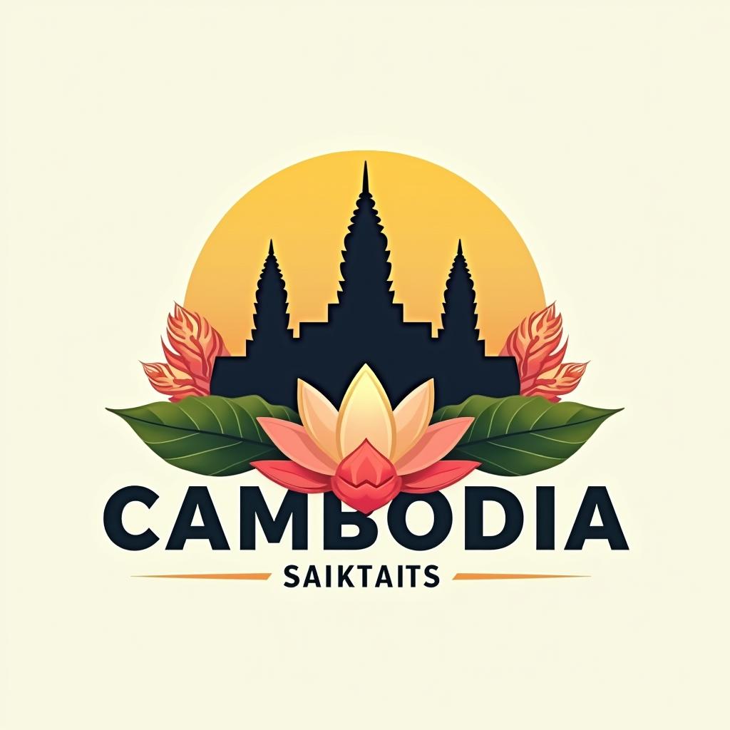 A contemporary and elegant company logo representing Cambodia, incorporating iconic elements such as the Angkor Wat temple silhouette, bright lotus flowers, and traditional Khmer patterns