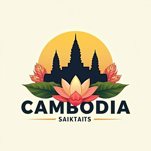 A contemporary and elegant company logo representing Cambodia, incorporating iconic elements such as the Angkor Wat temple silhouette, bright lotus flowers, and traditional Khmer patterns