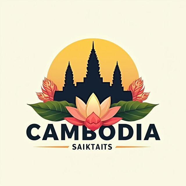 A contemporary and elegant company logo representing Cambodia, incorporating iconic elements such as the Angkor Wat temple silhouette, bright lotus flowers, and traditional Khmer patterns