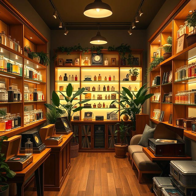 A vibrant and inviting perfume and music store, showcasing beautifully arranged perfume bottles, each with unique designs and colors