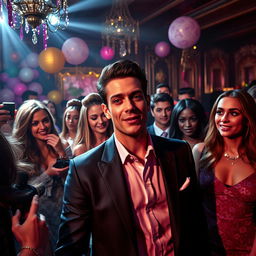 A vibrant scene capturing a group of fashionable friends attending a glamorous party