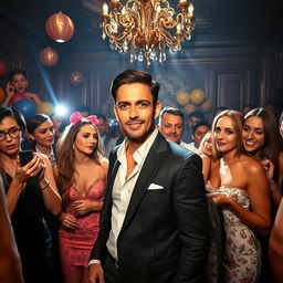 A vibrant scene capturing a group of fashionable friends attending a glamorous party