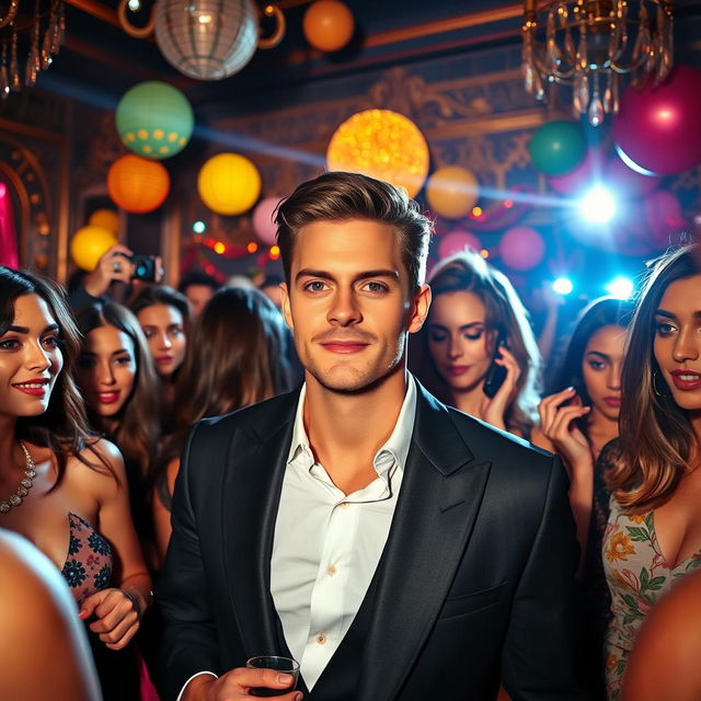 A vibrant scene capturing a group of fashionable friends attending a glamorous party