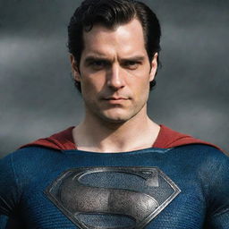 An image of Henry Cavill portraying Superman from 'Kingdom Come,' showcasing the distinctive black 'S' symbol on his chest and graying hair at the temples.