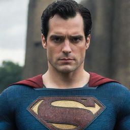 An image of Henry Cavill portraying Superman from 'Kingdom Come,' showcasing the distinctive black 'S' symbol on his chest and graying hair at the temples.