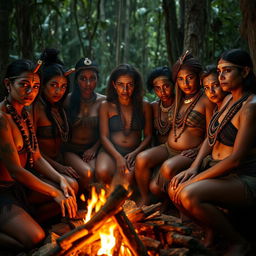 A group of Amazon tribal women gathered around a warm campfire, showcasing their strength and beauty with confidence