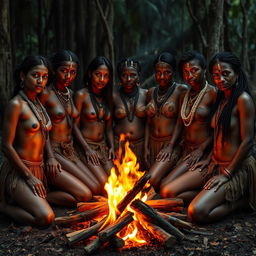 A group of Amazon tribal women gathered around a warm campfire, showcasing their strength and beauty with confidence