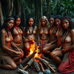 A group of Amazon tribal women gathered around a warm campfire, showcasing their strength and beauty with confidence