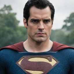 An image of Henry Cavill portraying Superman from 'Kingdom Come,' showcasing the distinctive black 'S' symbol on his chest and graying hair at the temples.