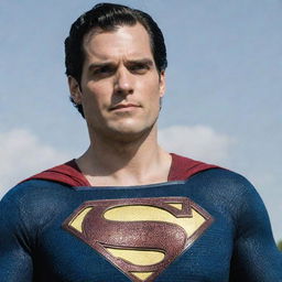 An image of Henry Cavill portraying Superman from 'Kingdom Come,' showcasing the distinctive black 'S' symbol on his chest and graying hair at the temples.