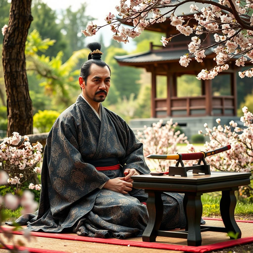 A traditional scene depicting a Japanese samurai preparing to perform seppuku, dressed in a full kimono with intricate patterns, seated in a serene Japanese garden filled with cherry blossoms, a small table beside him displaying a ceremonial tanto (dagger), with solemn expression portraying honor and dignity