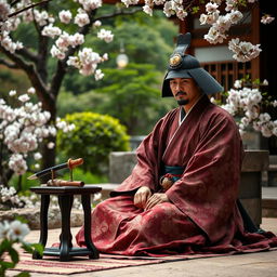 A traditional scene depicting a Japanese samurai preparing to perform seppuku, dressed in a full kimono with intricate patterns, seated in a serene Japanese garden filled with cherry blossoms, a small table beside him displaying a ceremonial tanto (dagger), with solemn expression portraying honor and dignity