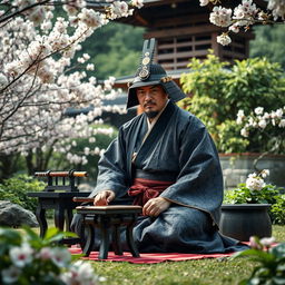 A traditional scene depicting a Japanese samurai preparing to perform seppuku, dressed in a full kimono with intricate patterns, seated in a serene Japanese garden filled with cherry blossoms, a small table beside him displaying a ceremonial tanto (dagger), with solemn expression portraying honor and dignity