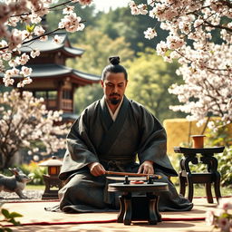 A traditional scene depicting a Japanese samurai preparing to perform seppuku, dressed in a full kimono with intricate patterns, seated in a serene Japanese garden filled with cherry blossoms, a small table beside him displaying a ceremonial tanto (dagger), with solemn expression portraying honor and dignity