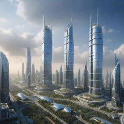 A highly advanced futuristic human civilization with towering skyscrapers, sophisticated technology, and eco-friendly infrastructure.