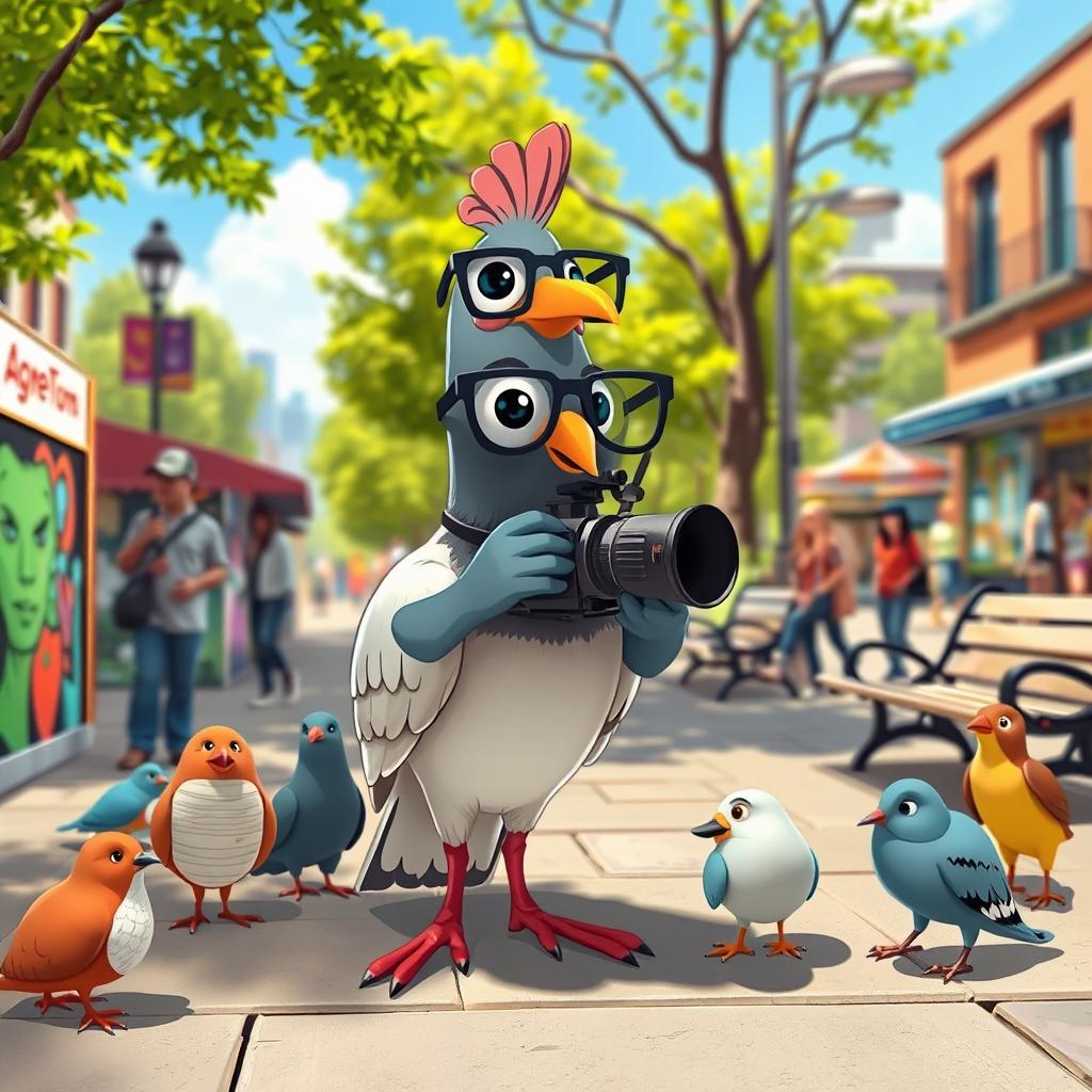 A whimsical scene featuring a cartoon-style pigeon with glasses, holding a camera and directing a documentary in a vibrant urban setting